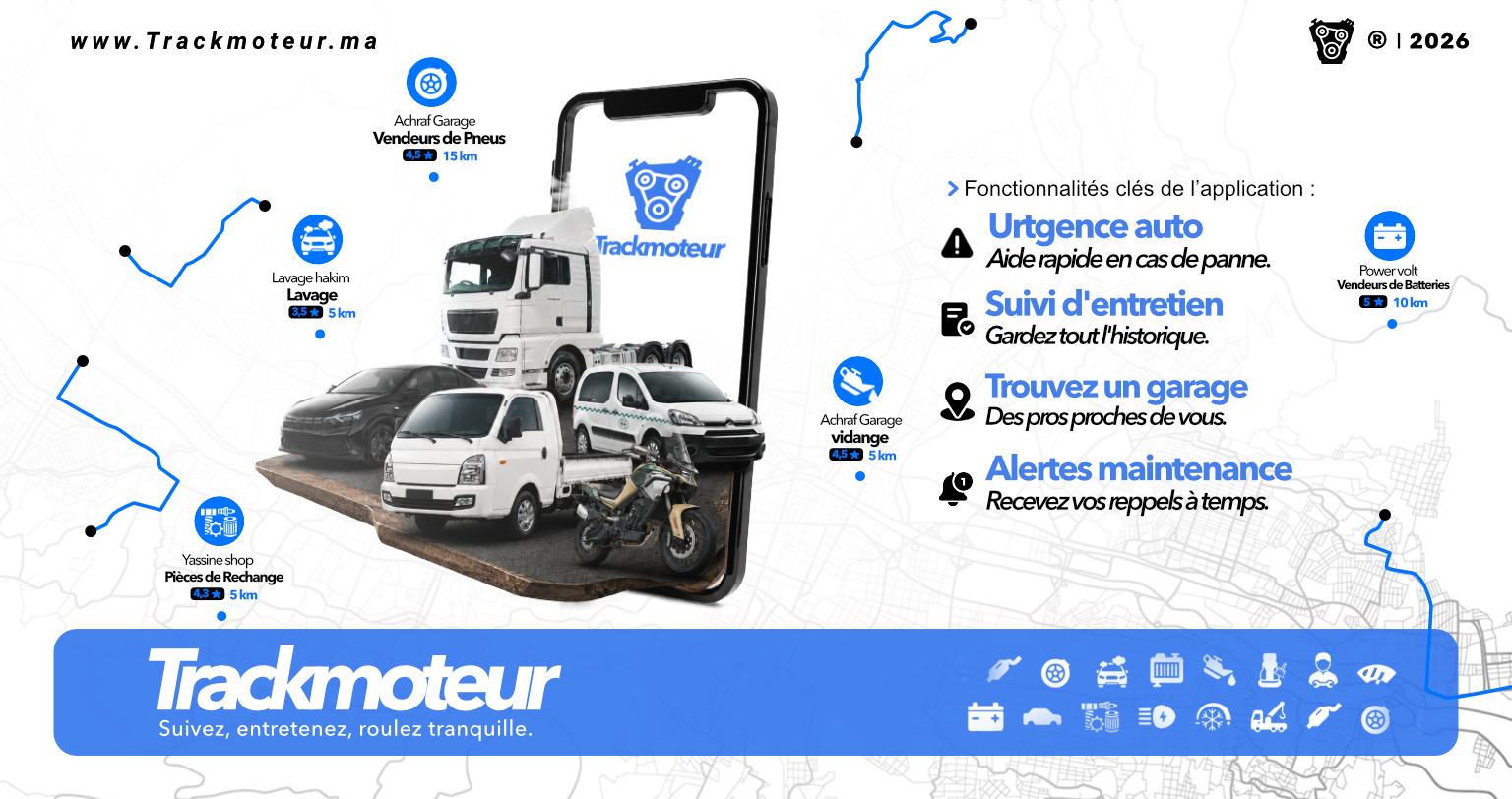 Visuel Trackmoteur en francais avec urgence auto, suivi d'entretien, garage proche et alertes maintenance